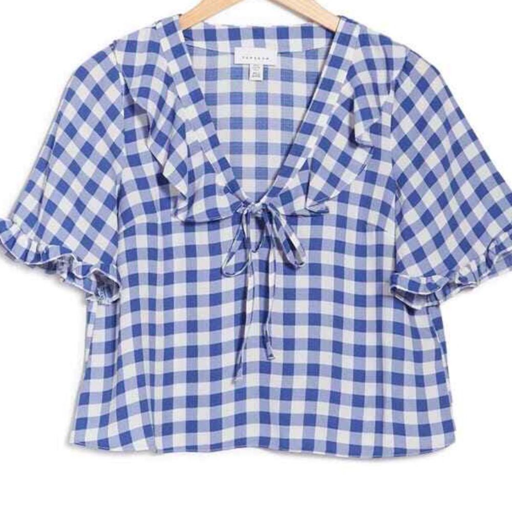 Topshop Blue Checkered Ruffle Blouse size 4 - Picture 4 of 7